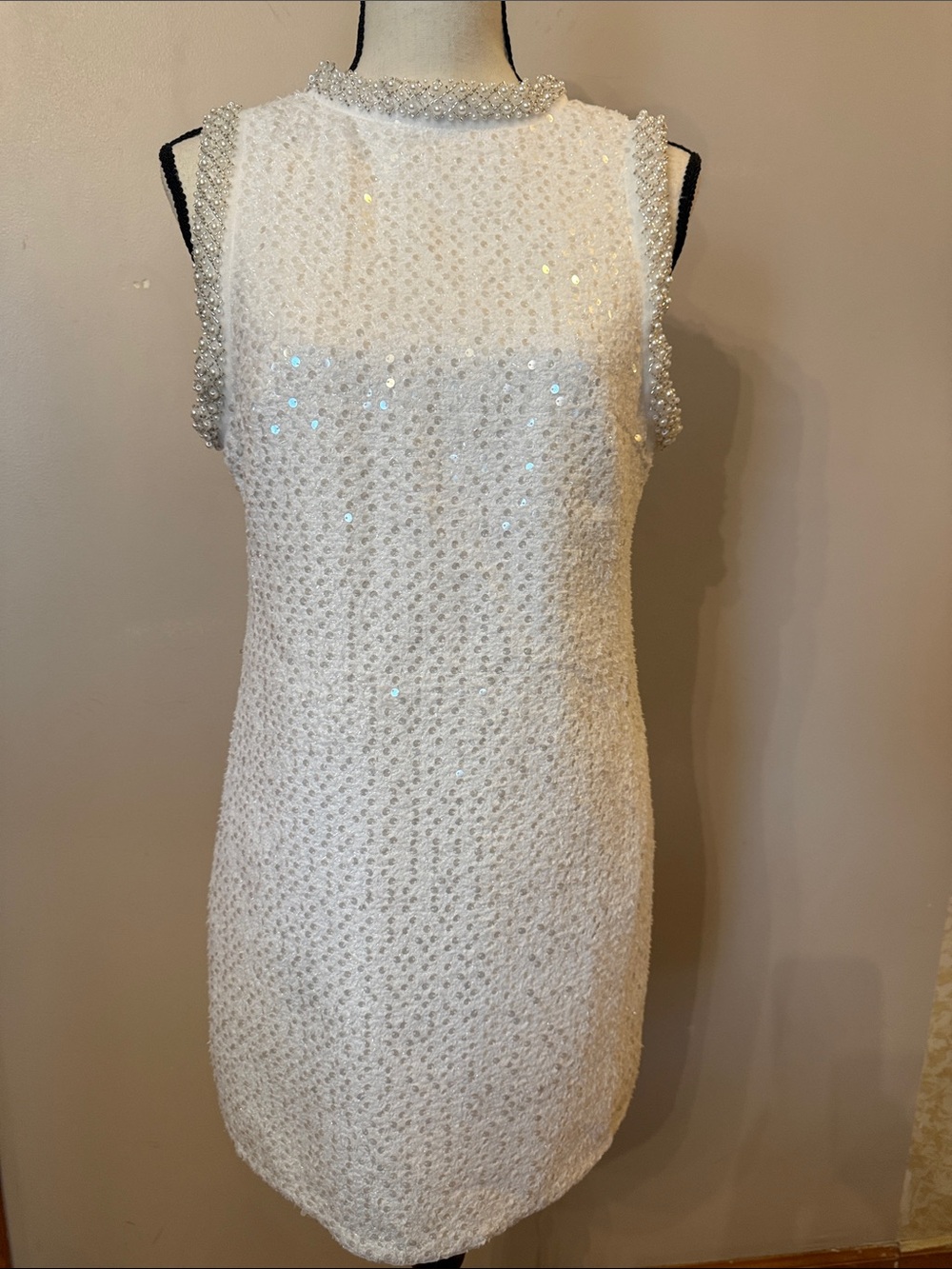 SHEIN White Sequin/Beaded Sleeveless Mini Dress